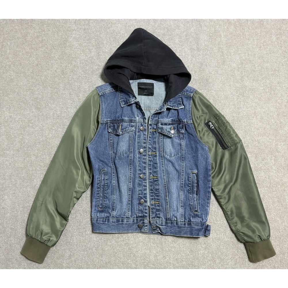 Aeropostale Jacket Womens XS Blue Denim‎ Green Bomber Hooded Mixed Media Coat